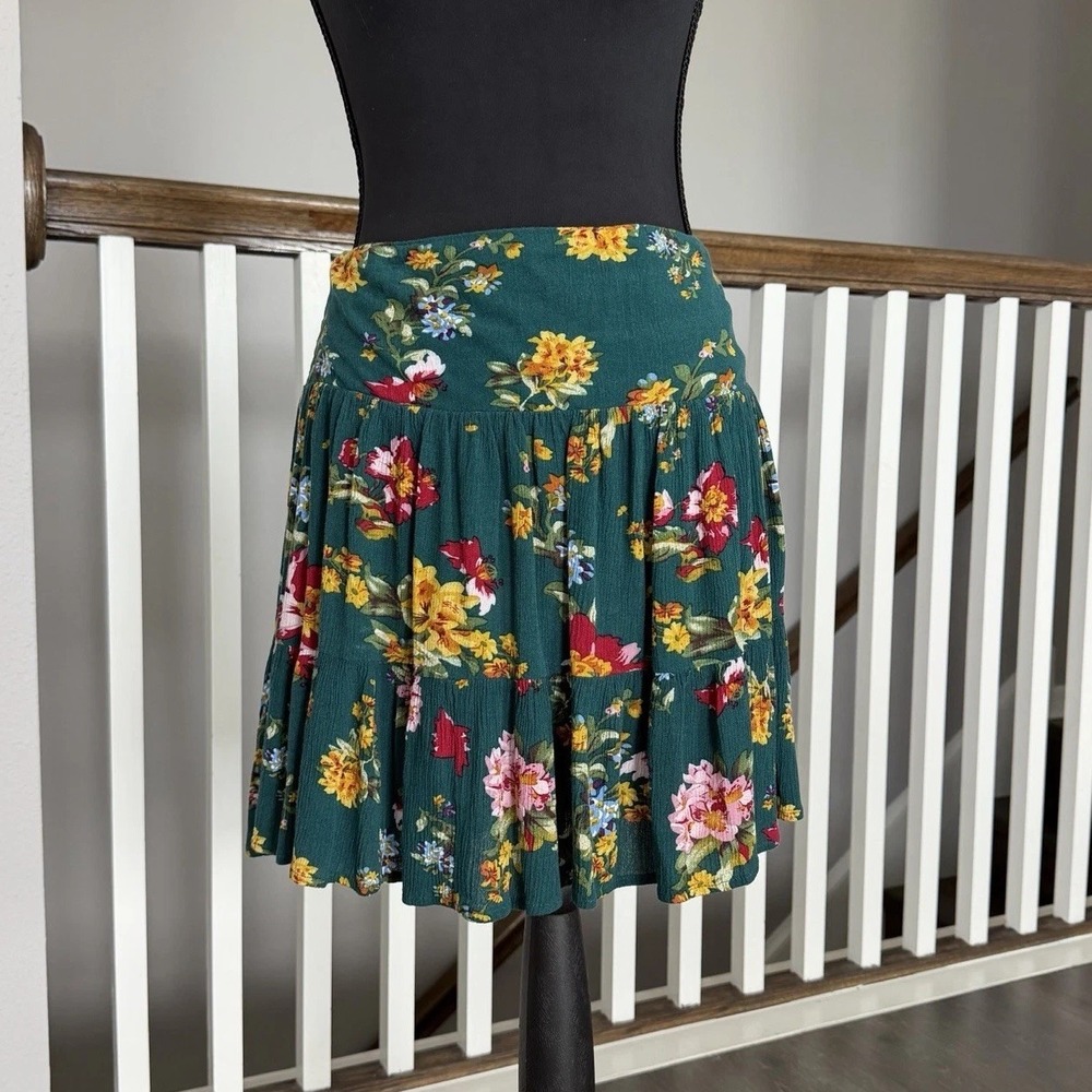 Natural Life Smocked Tiered Floral Mini Skirt Green Small Boho Festival Cottage